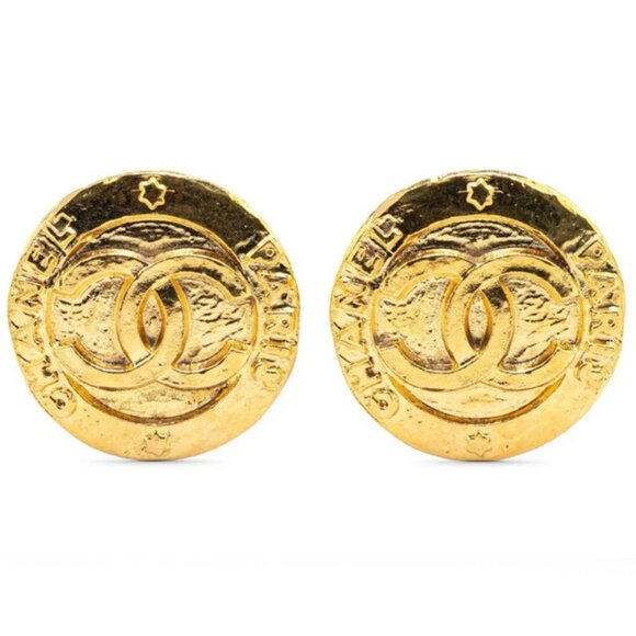 CHANEL Paris CC Logos Round Coin Clip-On Earrings Gold Tone 28 Auth w/Box #5977 - Picture 1 of 4